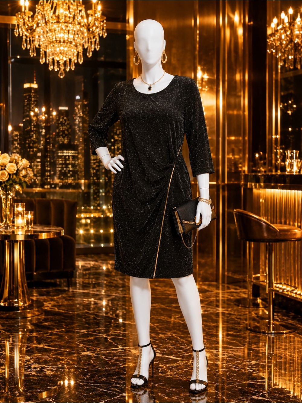 Calvin Klein Black Metallic Midi Sheath Dress with Gold Zip